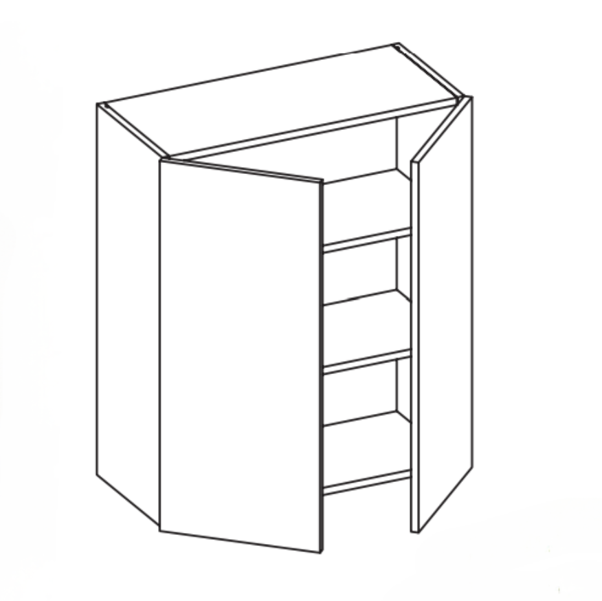 Line drawing of a corner cabinet with two doors and shelves inside.